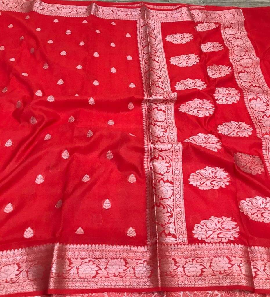 Red Semi Georgette Banarasi Saree with Silver Zari