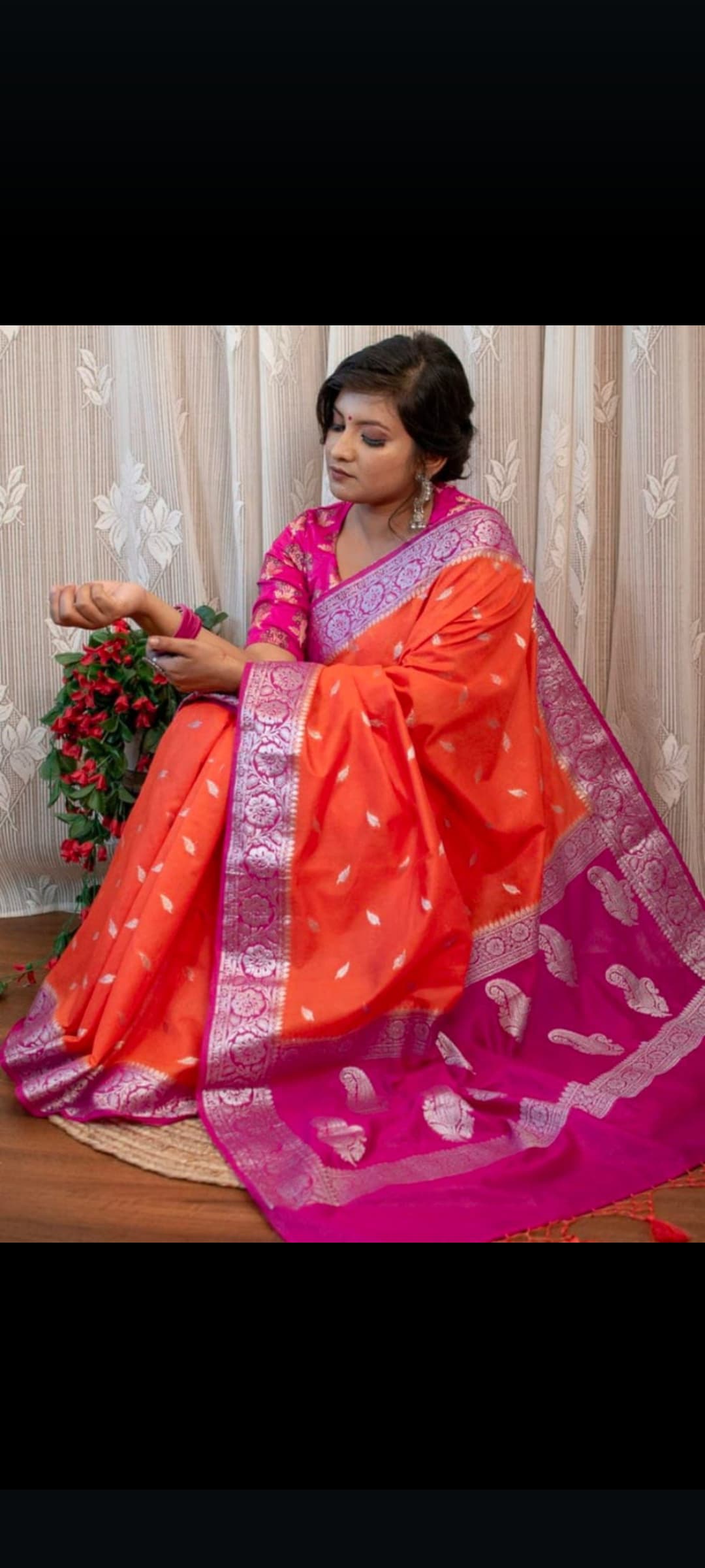 Magenta & Orange Contrast Semi Georgette Banarasi Saree with Silver Zari
