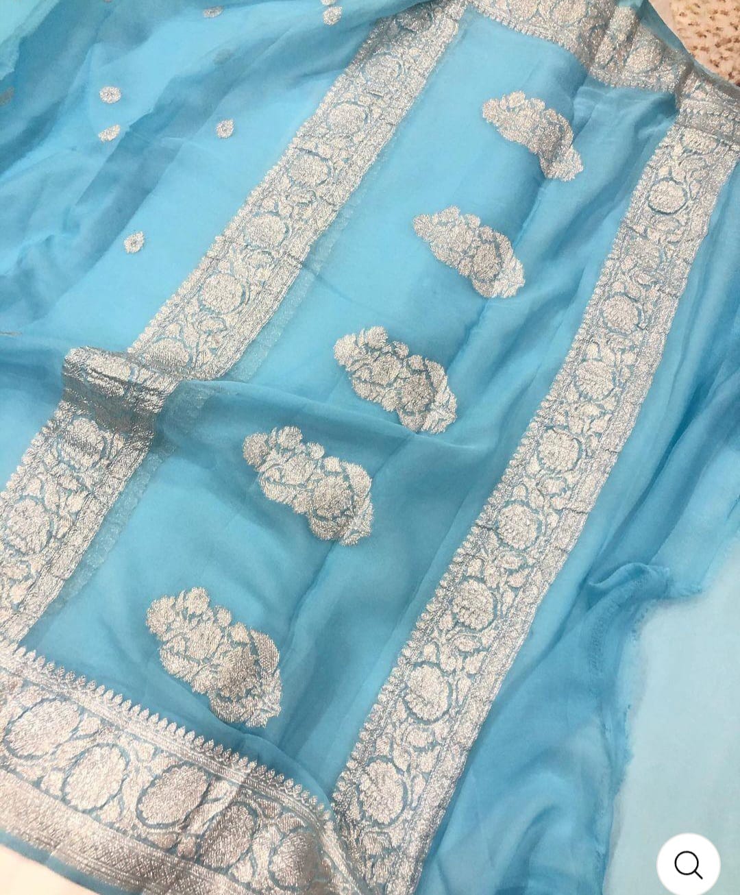 Firozi Pure Khaddi Chifon Kadhua with Silver Zari Saree