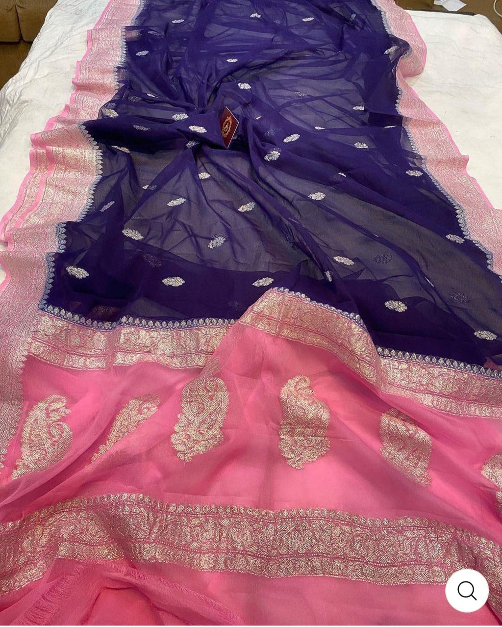 Pink & Navy Blue Contrast Pure Khaddi Chifon Kadhua with Silver Zari Saree