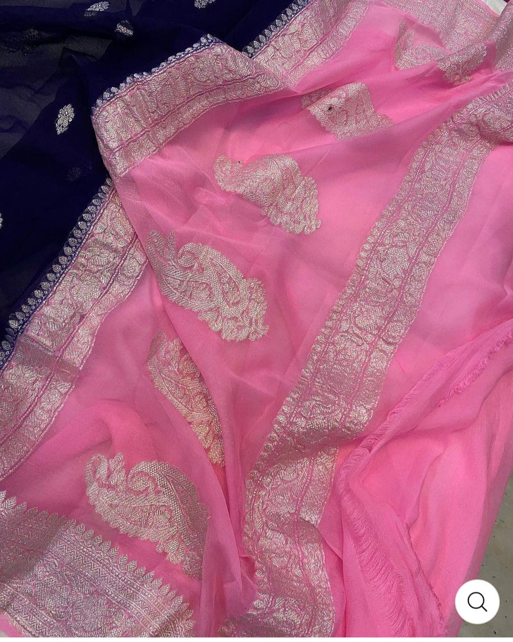 Pink & Navy Blue Contrast Pure Khaddi Chifon Kadhua with Silver Zari Saree