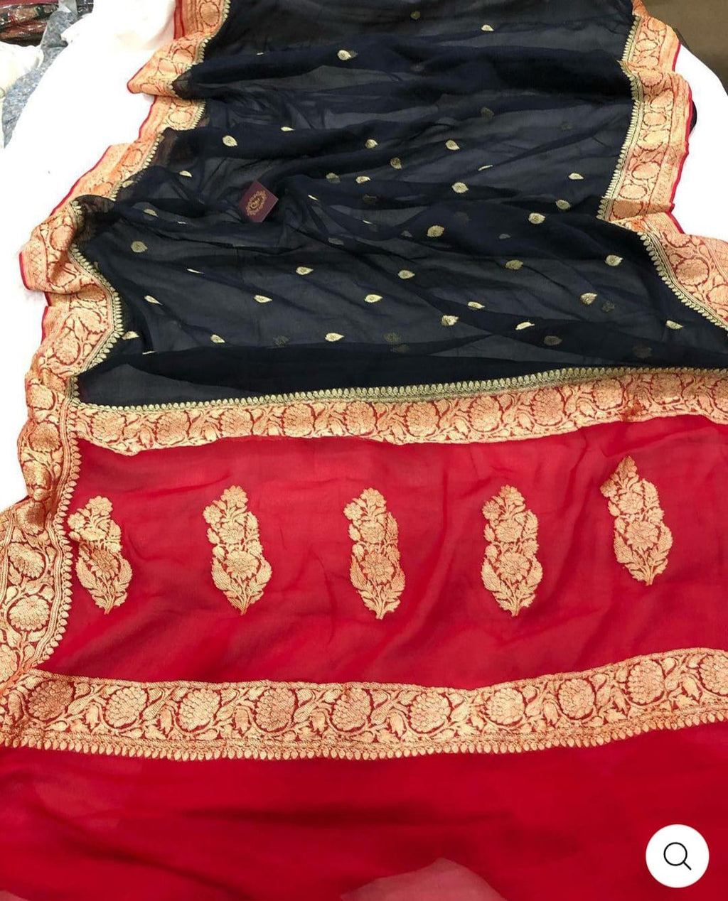 Red & Black Contrast Pure Khaddi Chifon Kadhua with Silver Zari Saree