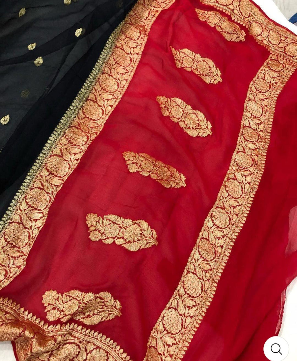Red & Black Contrast Pure Khaddi Chifon Kadhua with Silver Zari Saree