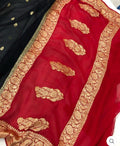 Red & Black Contrast Pure Khaddi Chifon Kadhua with Silver Zari Saree