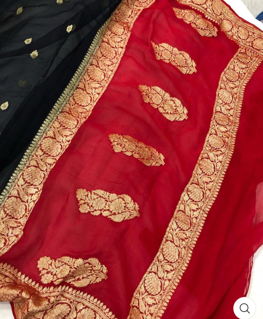 Red & Black Contrast Pure Khaddi Chifon Kadhua with Silver Zari Saree