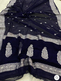 Navy Blue Pure Khaddi Chifon Kadhua with Silver Zari Saree