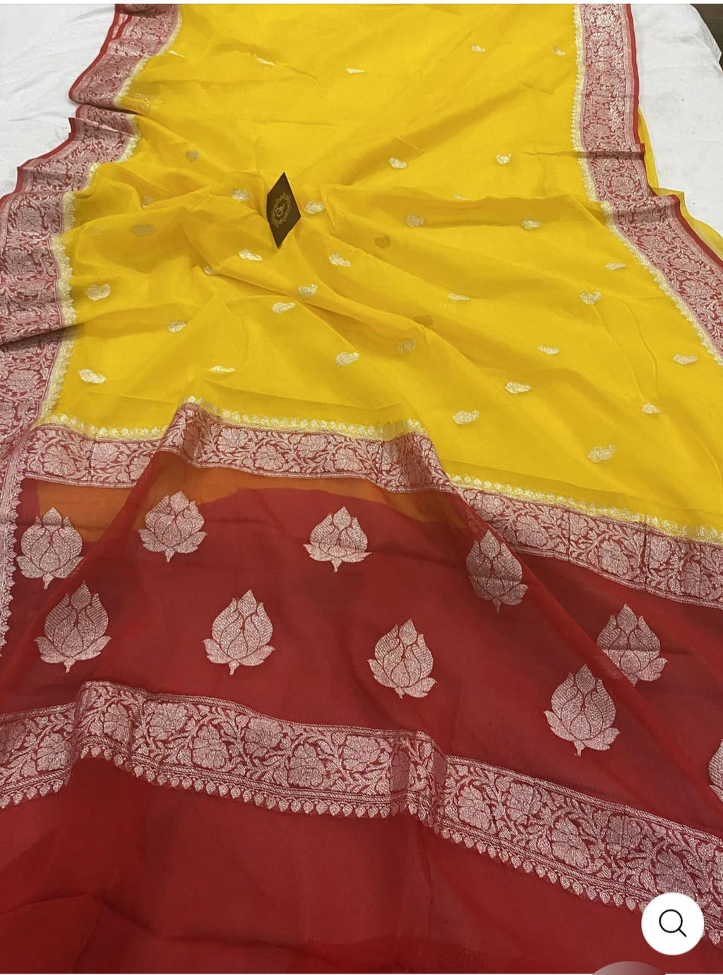 Red & Yellow Contrast Pure Khaddi Chifon Kadhua with Silver Zari Saree