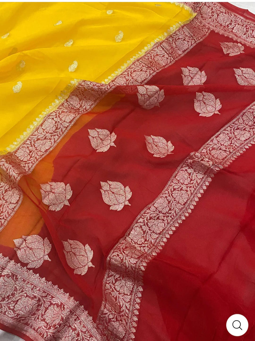 Red & Yellow Contrast Pure Khaddi Chifon Kadhua with Silver Zari Saree