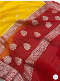 Red & Yellow Contrast Pure Khaddi Chifon Kadhua with Silver Zari Saree