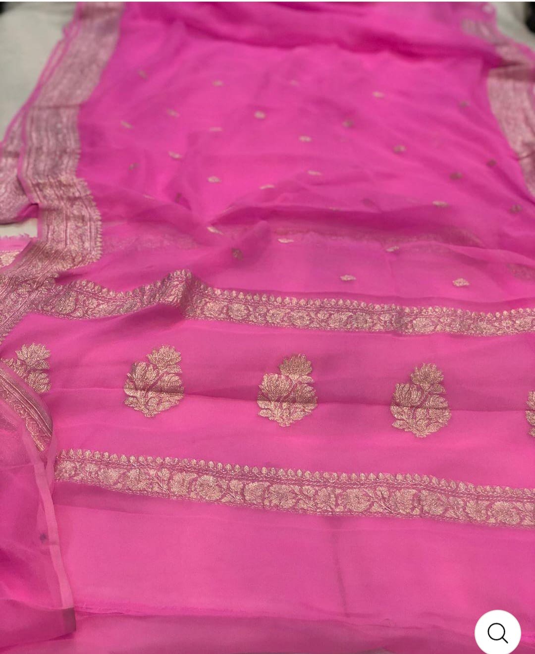 Rani Pink Pure Khaddi Chifon Kadhua with Silver Zari Saree