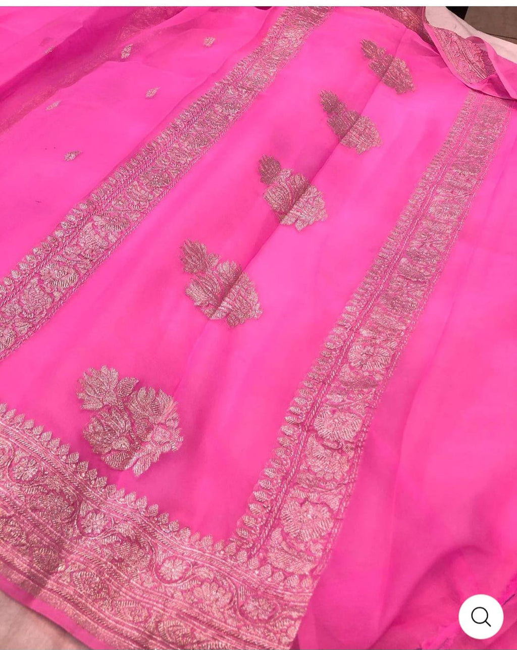Rani Pink Pure Khaddi Chifon Kadhua with Silver Zari Saree