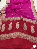 Red & Magenta Contrast Pure Khaddi Chifon Kadhua with Silver Zari Saree