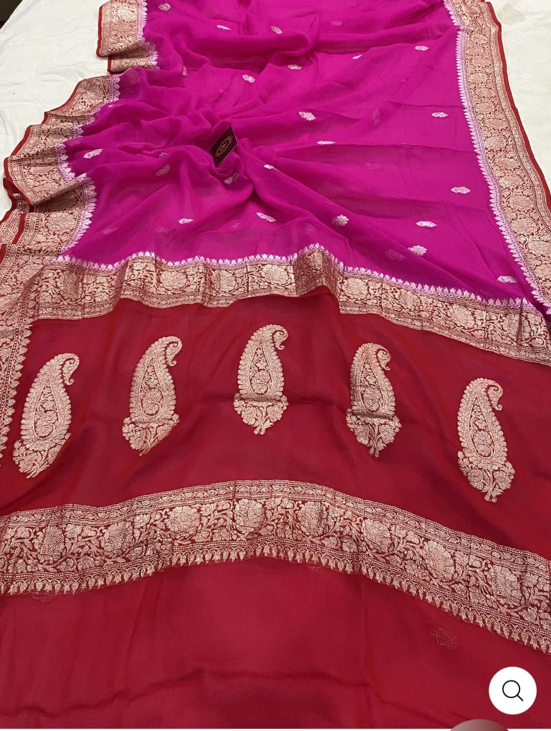 Red & Magenta Contrast Pure Khaddi Chifon Kadhua with Silver Zari Saree