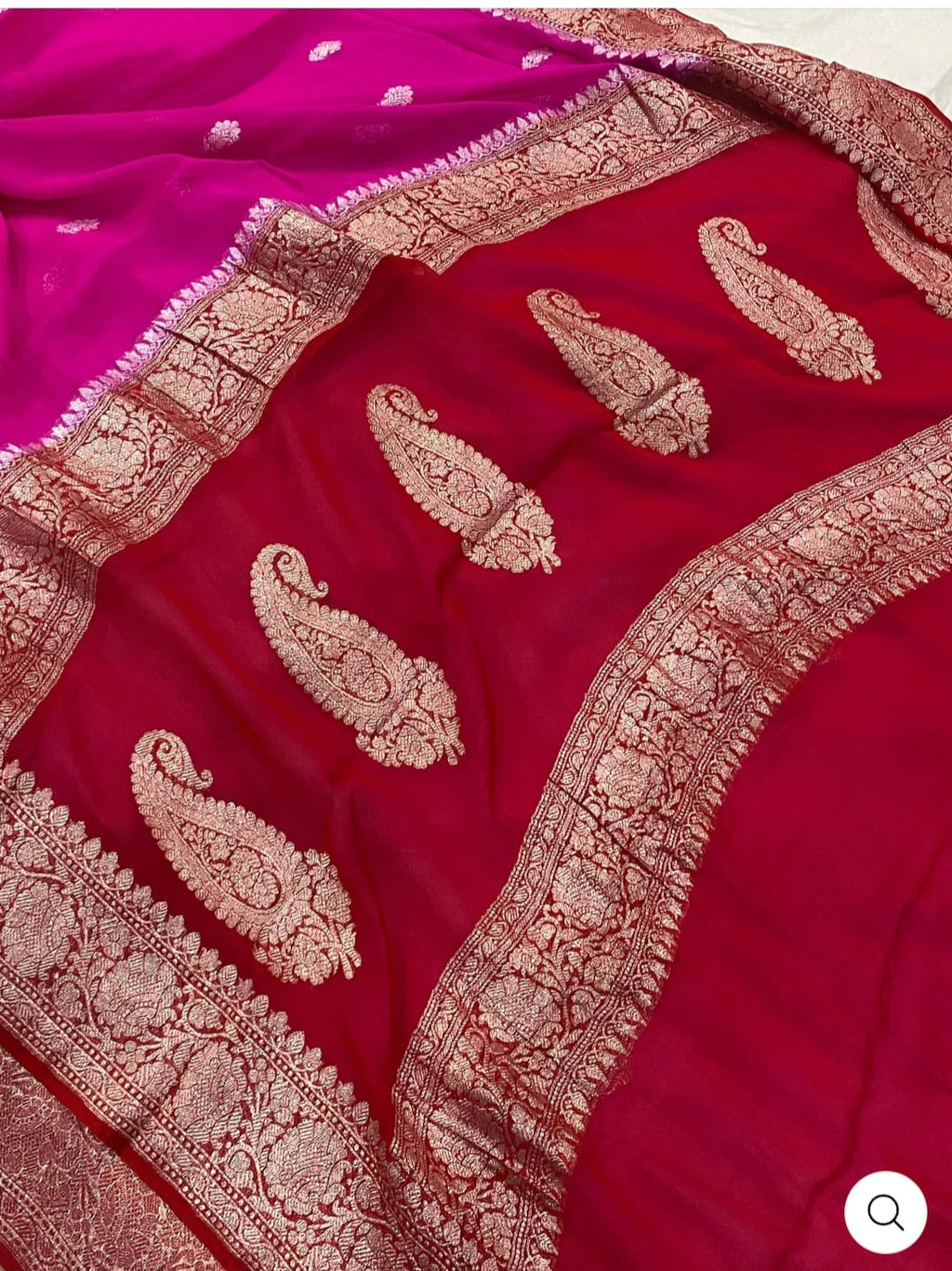 Red & Magenta Contrast Pure Khaddi Chifon Kadhua with Silver Zari Saree