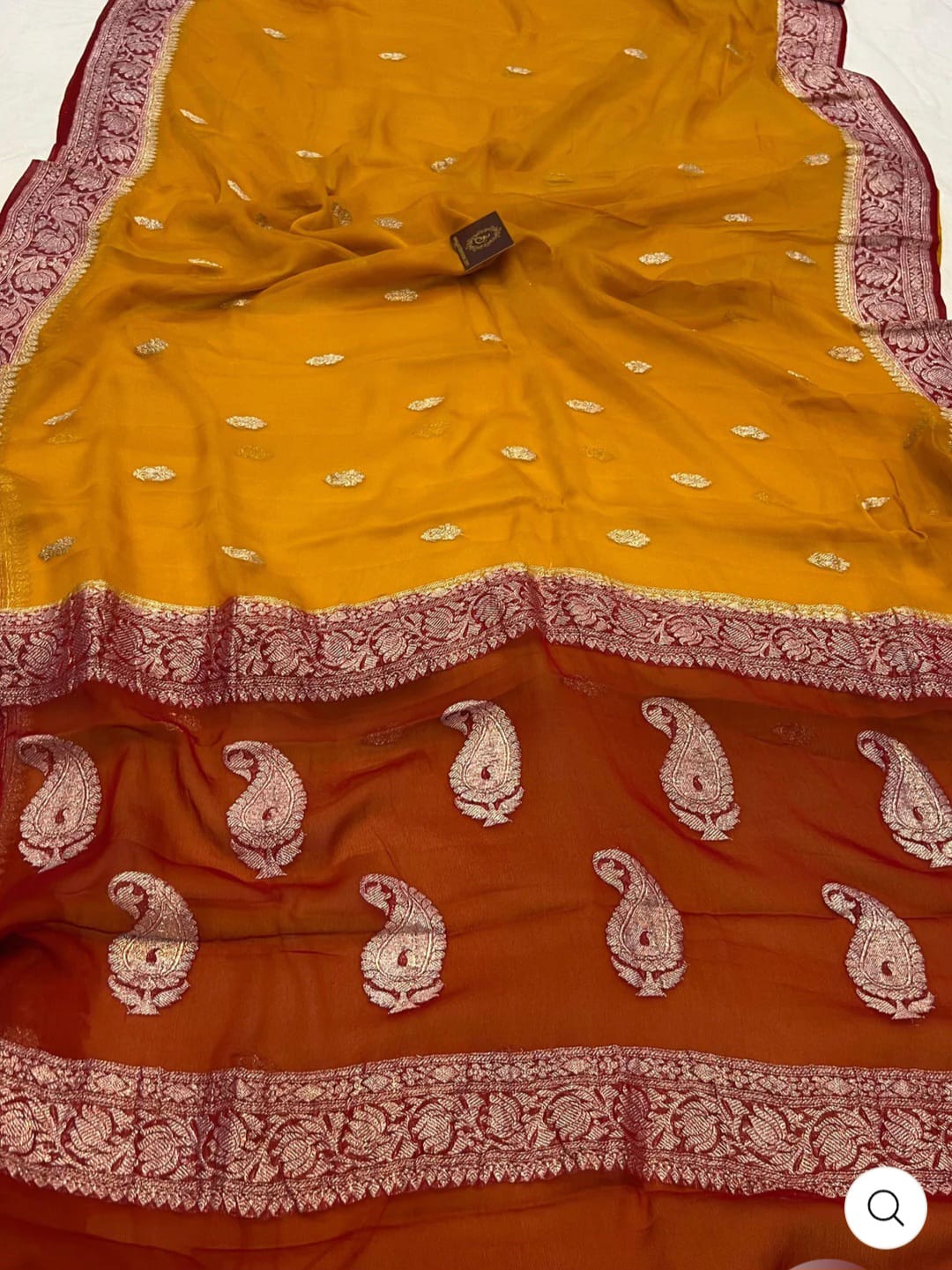 Rust & Yellow Contrast Pure Khaddi Chifon Kadhua with Silver Zari Saree