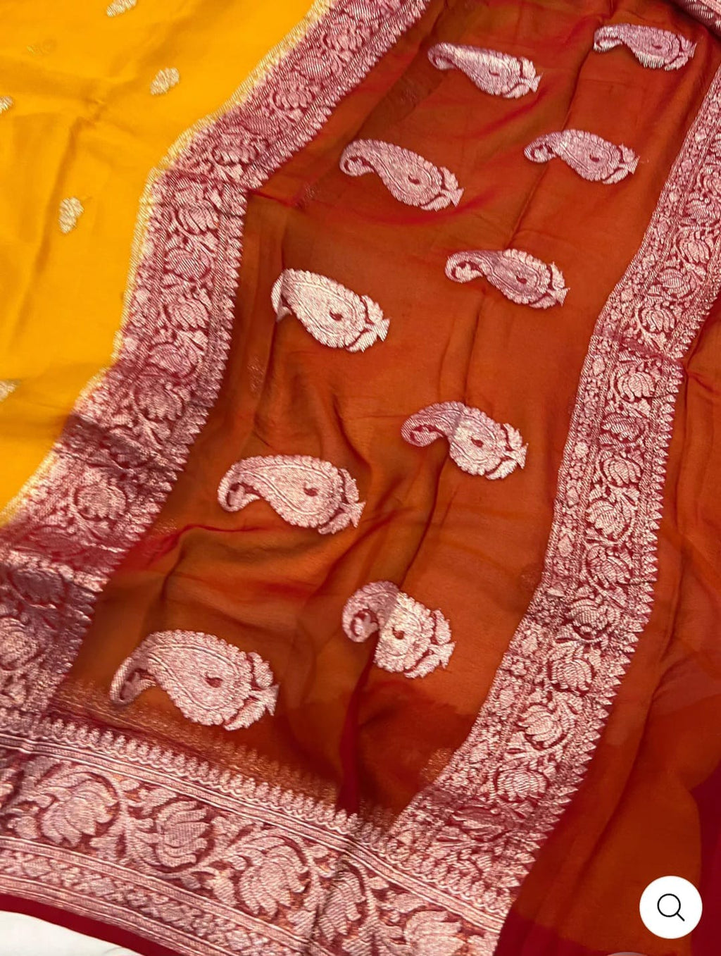Rust & Yellow Contrast Pure Khaddi Chifon Kadhua with Silver Zari Saree