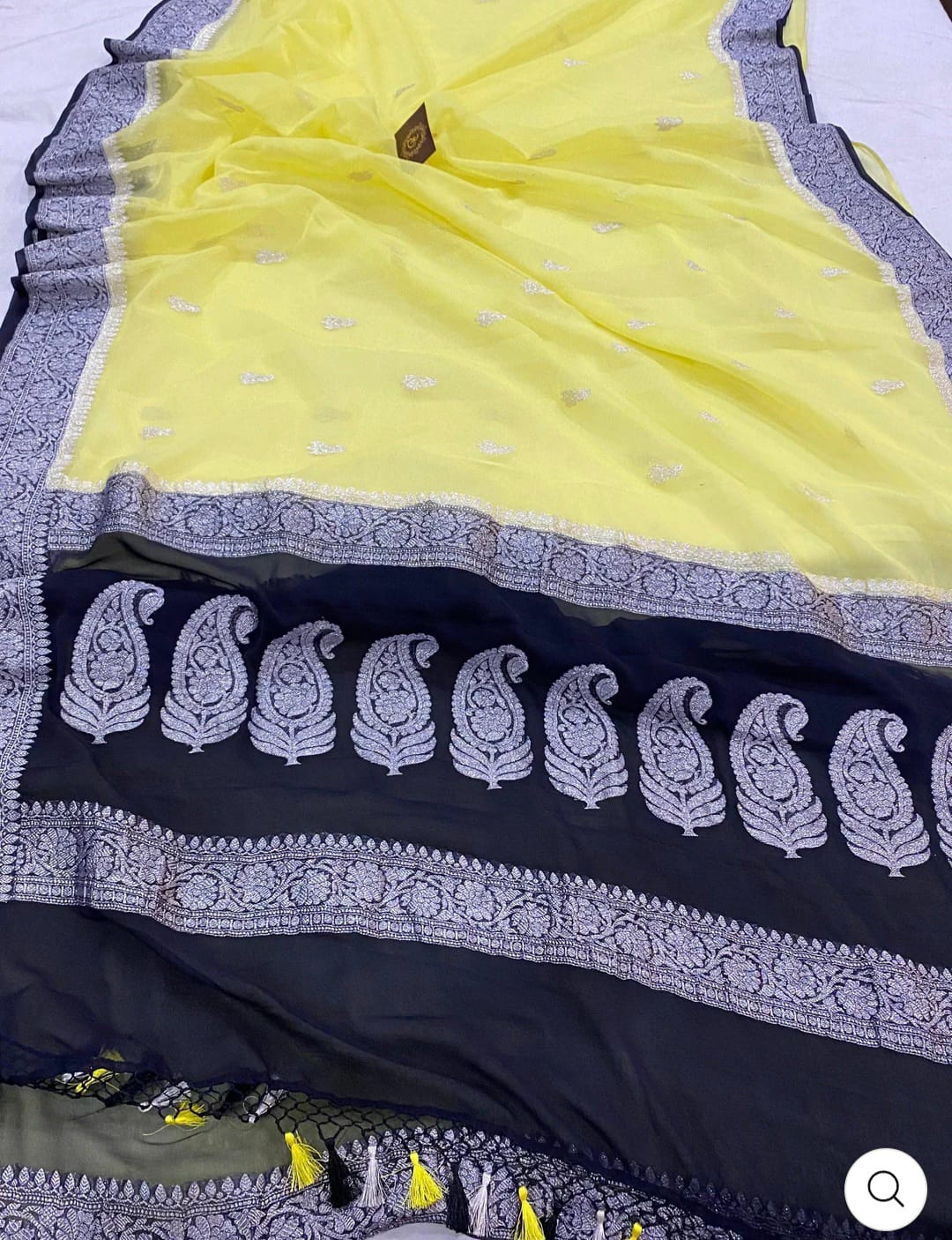 Navy Blue & Beige Contrast Pure Khaddi Chifon Kadhua with Silver Zari Saree