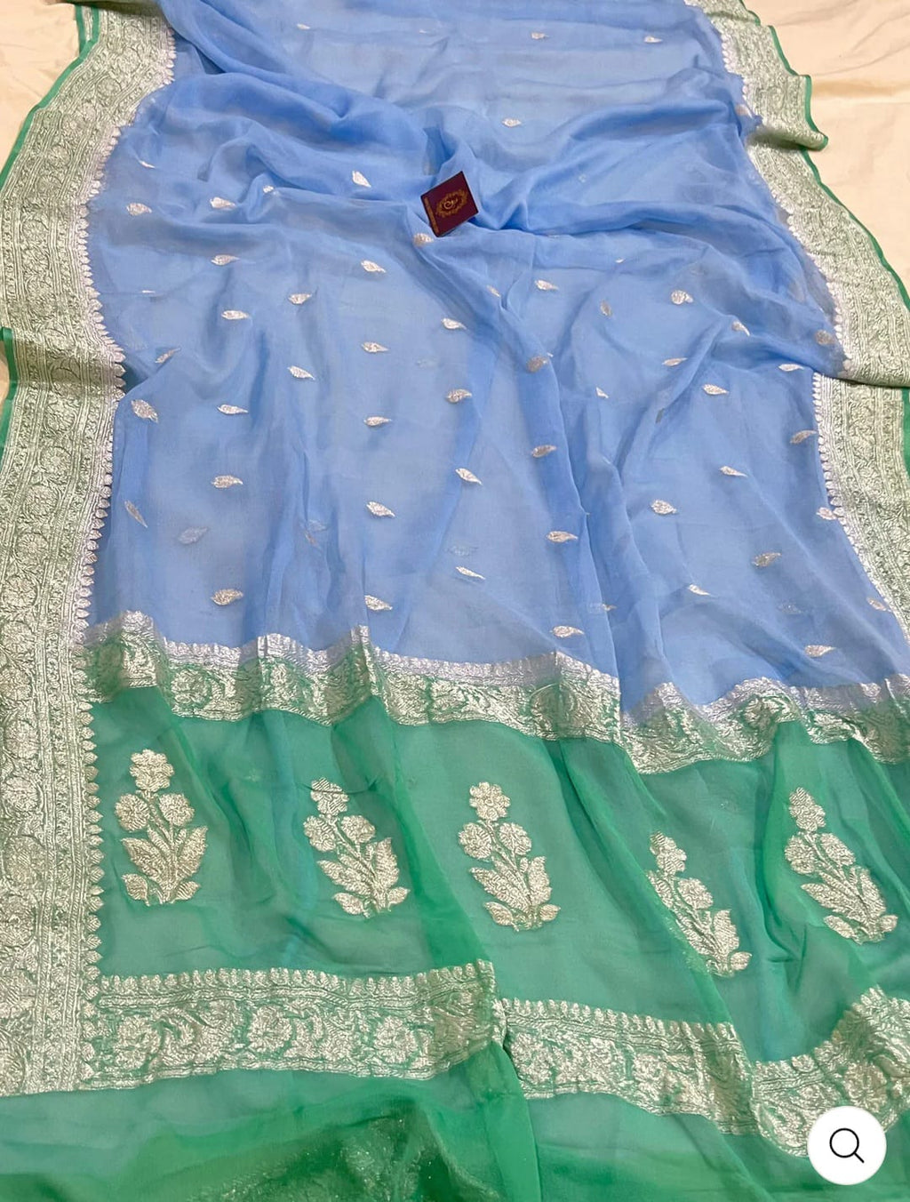 Sea Green & Sky Blue Contrast Pure Khaddi Chifon Kadhua with Silver Zari Saree