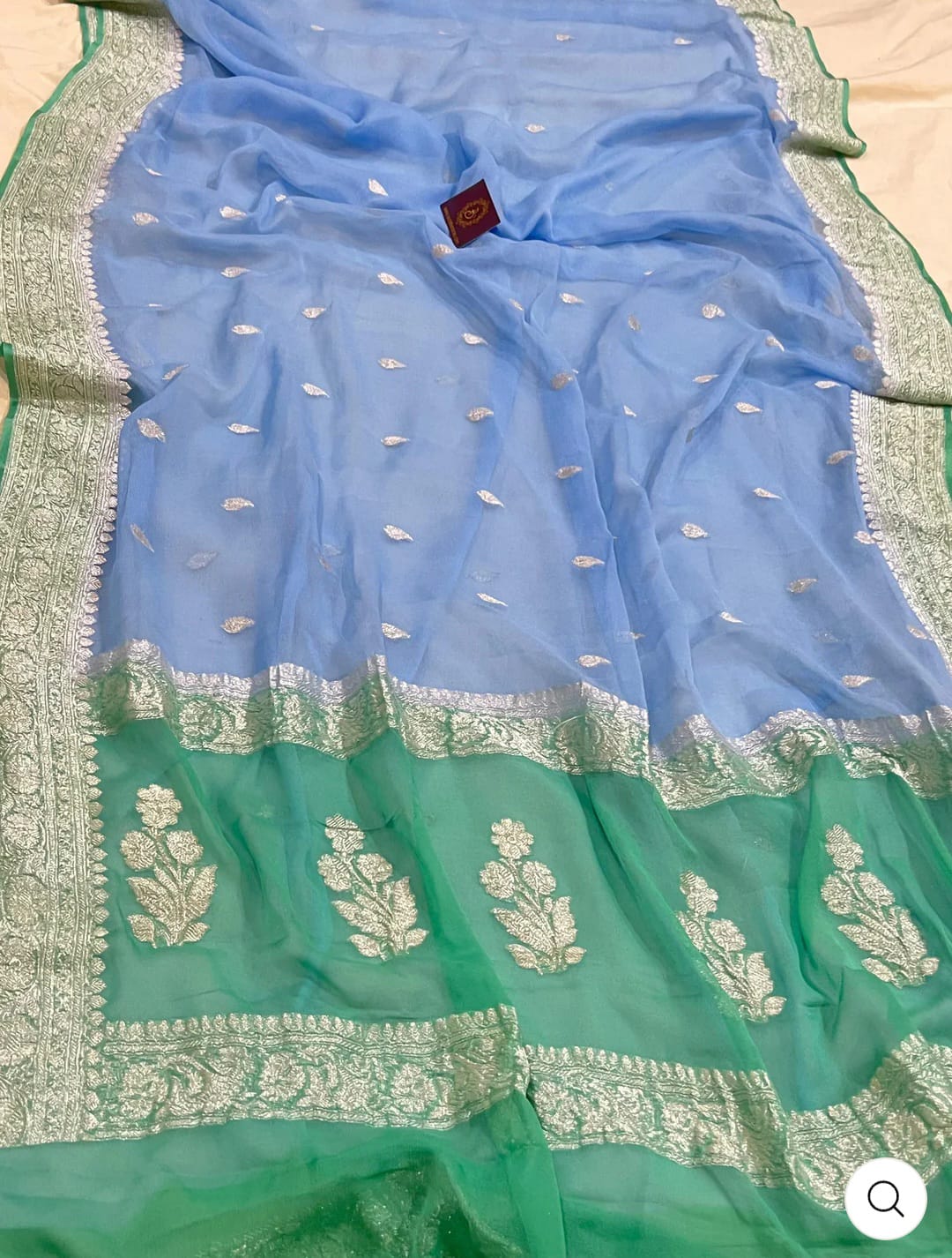 Sea Green & Sky Blue Contrast Pure Khaddi Chifon Kadhua with Silver Zari Saree