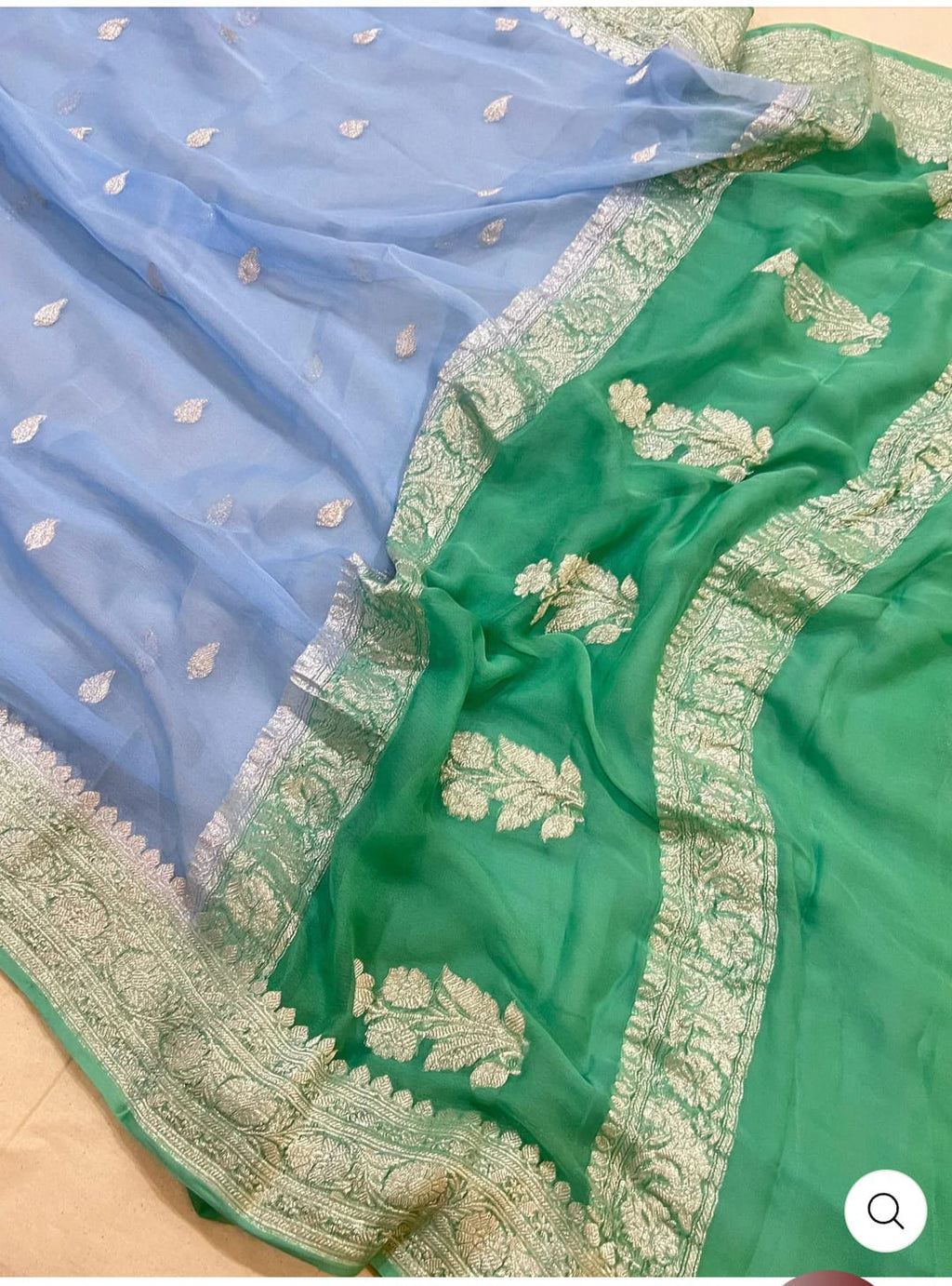 Sea Green & Sky Blue Contrast Pure Khaddi Chifon Kadhua with Silver Zari Saree