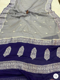 Navy Blue & Grey Contrast Pure Khaddi Chifon Kadhua with Silver Zari Saree