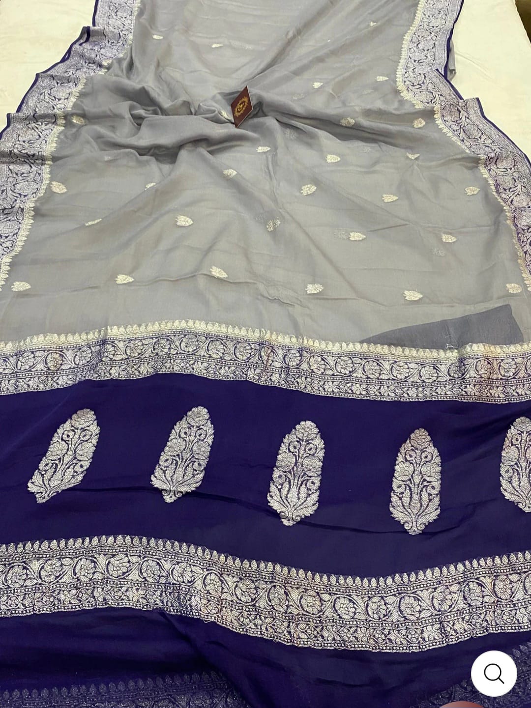 Navy Blue & Grey Contrast Pure Khaddi Chifon Kadhua with Silver Zari Saree