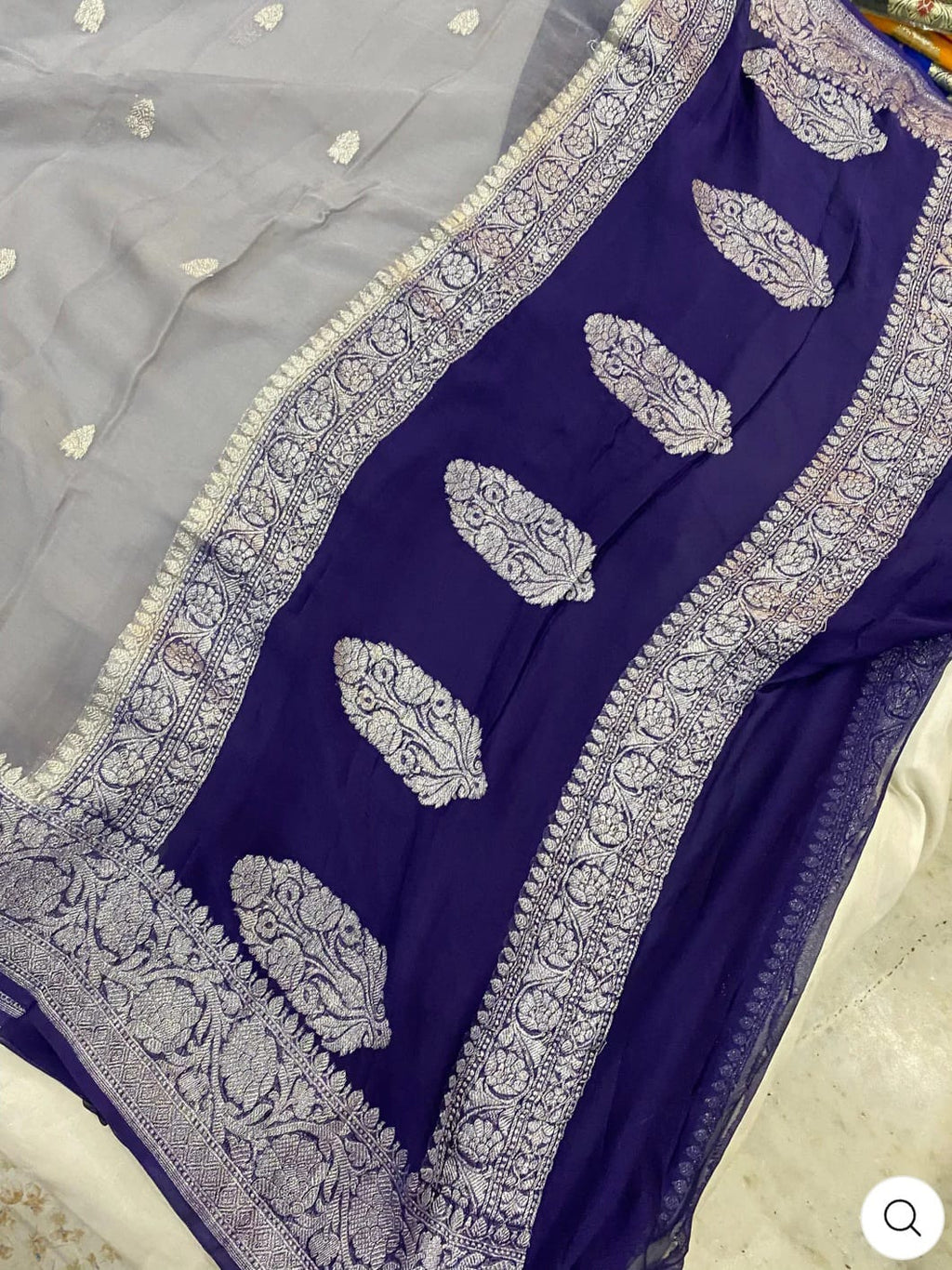 Navy Blue & Grey Contrast Pure Khaddi Chifon Kadhua with Silver Zari Saree